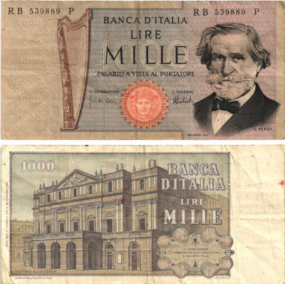 Италия 1000 лир 1973 Джузеппе Верди, Милан Ла Скала Pick 101с бумага 8592-48-3-1