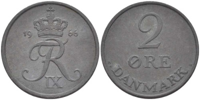 ДАНИЯ 2 ЭРЕ 1966 C; S, ФРЕДЕРИК IX (1947-1972) KM 840.2 цинк 67-413