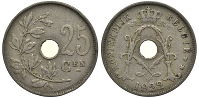 БЕЛЬГИЯ 25 САНТИМОВ 1922 BELGIE, АЛЬБЕРТ I (1909-1934) KM 69 медно-никель 27-927