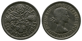 Великобритания 6 пенсов 1953 Елизавета II (1952-2022) KM 889, Spink 4141 медно-никель 4381-636