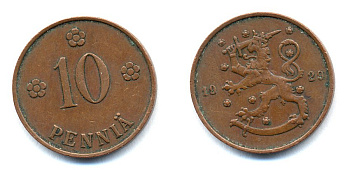Финляндия 10 пенни 1929 республика (1918-1962) KM 24 медь 46-1644