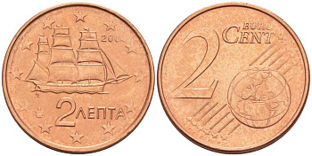 ГРЕЦИЯ 2 ЕВРОЦЕНТА 2004 KM 182 сталь плакированная медью UNC 214-352