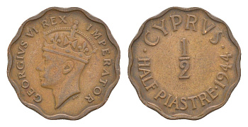 Кипр 1/2 пиастра 1944 Георг VI (1936-1952) KM 22a бронза 4649-1132