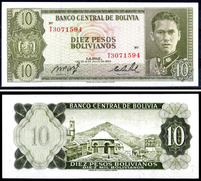 Боливия 10 песо боливиано 1962 Pick 154 a (17) бумага UNC (пресс) 7147-57-3-2