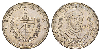 Куба 1 песо 1990 500 лет открытию Америки. Хуан де ла Коса KM 309 медно-никель BU 413-834