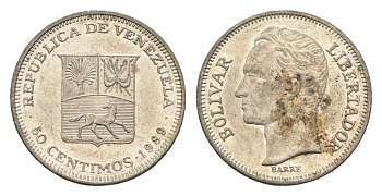 Венесуэла 50 сентимо 1989 Симон Боливар Y 41a сталь плакированная никелем 4664-227