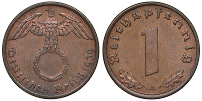 ГЕРМАНИЯ 1 РЕЙХСПФЕННИГ 1939 A KM 89, J. 361 бронза 71-419