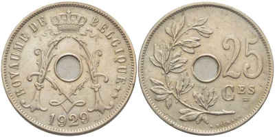 Бельгия 25 сантимов 1929 Belgique KM 68.1 медно-никель 119-357