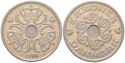 Дания 5 крон 1990 LG;JP;A, Маргрете II (1972-2024) KM 869.1 медно-никель 4364-3531