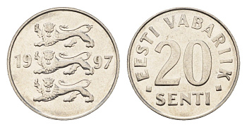 Эстония 20 сентов 1997 KM 23a сталь плакированная никелем UNC 4689-669