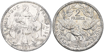 Французская Новая Каледония 2 франка 2015 птица кагу, (IEOM) KM 14, Schoen 11 алюминий    29-817
