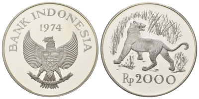 Индонезия 2000 рупий 1974 Яванский тигр KM 39a серебро PROOF 11-080-23