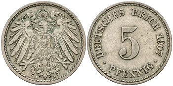 Германия 5 пфеннигов 1907 A KM 11 медно-никель 4516-646