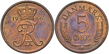 Дания 5 эре 1966 C; S, Фредерик IX (1947-1972) KM 848.1 бронза  UNC 4601-846