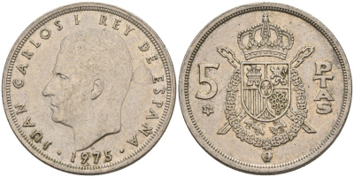 Испания 5 песет 1975 (79) Хуан Карлос I (1975-2014) KM 807 медно-никель 4155-643