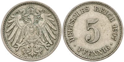 Германия 5 пфеннигов 1907 A KM 11 медно-никель 4516-646