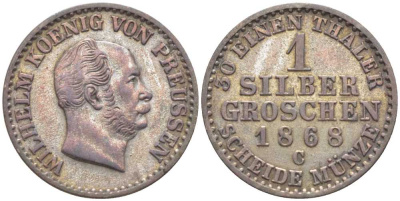 Пруссия 1 серебряный грош 1868 C, Вильгельм I (1861-1888) KM 485, Olding 421, AKS 103, J.89 серебро 201-644