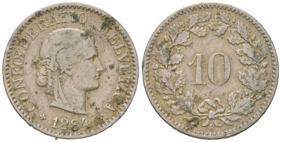 Швейцария 10 раппенов 1884 B KM 27 медно-никель 4164-411