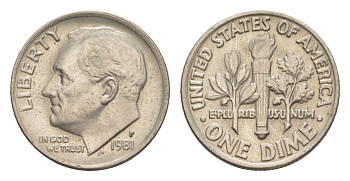 США 10 центов (дайм) 1981 P, Рузвельт KM 195a медь плакированная медно-никель 4630-1027