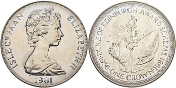 Остров Мэн 1 крона 1981 приз герцога Эдинбургского, мотоспорт, яхтинг, скалолазание КМ 76 медно-никель UNC 3897-1025