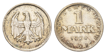Германия 1 марка 1924 G KM 42, J. 311 серебро 633-334