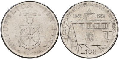 Италия 100 лир 1981 R, 100 лет Военно-морской Академии в Ливорно KM 108 нержавеющая сталь 4587-446