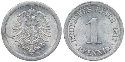 Германия 1 пфенниг 1917 E KM 24, J. 300, Weege 2 алюминий aUNC 71-1043