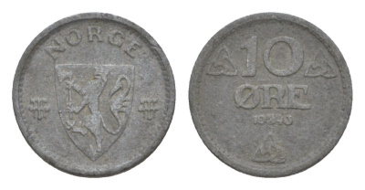 Норвегия 10 эре 1943 Хокон VII (1905-1957) KM 389 цинк 4632-1133