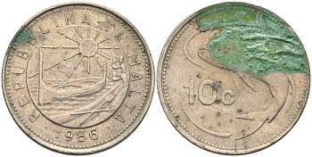 Мальта 10 центов 1986 золотая макрель KM 76 медно-никель 4588-216