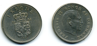 ДАНИЯ 1 КРОНА 1964 C; S, ФРЕДЕРИК IX (1947-1972) KM 851.1 медно-никель 56-426
