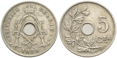 БЕЛЬГИЯ 5 САНТИМОВ 1928 BELGIE KM 67 медно-никель 112-246