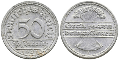ГЕРМАНИЯ 50 ПФЕННИГОВ 1921 A KM 27, J. 301 алюминий 24-1031