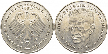 ФРГ 2 МАРКИ 1988 F, КУРТ ШУМАХЕР KM 149, J. 424 медно-никель плакированный никелем 3856-356
