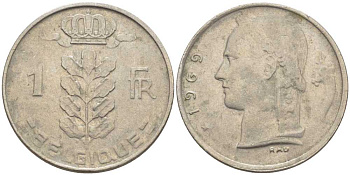 БЕЛЬГИЯ 1 ФРАНК 1969 BELGIQUE, БОДУЭН I (1951-1993) KM 142.1 медно-никель 119-511