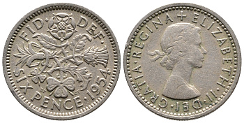 Великобритания 6 пенсов 1954 Елизавета II (1952-2022) KM 903, Spink 4149 медно-никель 220-865