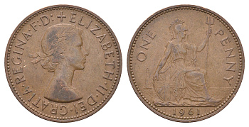 Великобритания 1 пенни 1961 Елизавета II (1952-2022) KM 897, Spink 4157 бронза 4661-835