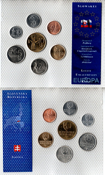 Словакия набор из 7 монет (10, 20 и 50 геллеров; 1, 2, 5 и 10 крон) 1994, 2001, 2002 в красочной упаковке с информацией о стране KM 11.1, 12, 13, 14, 17, 18 и 35 UNC 2-6-3-110