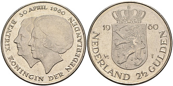 Нидерланды 2 1/2 гульдена 1980 коронация Беатрикс, 30 апреля 1980 KM 201 никель 4565-723