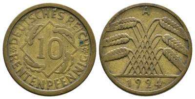 ГЕРМАНИЯ 10 РЕНТЕНПФЕННИГОВ 1924 A KM 33, J. 309, Weege 8 алюминиевая бронза 4380-926