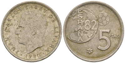 Испания 5 песет 1982 (80), Хуан Карлос , чемпионат мира по футболу, Испания 1982 KM 817 медно-никель 259-1117