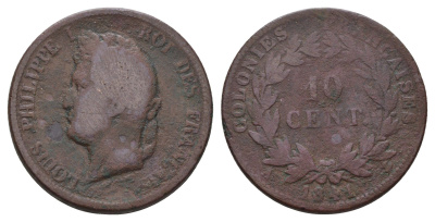 Французский Индокитай 10 сантимов 1841 Французские колонии, A, Луи-Филипп I (1830-1848) KM 13 бронза 4667-326