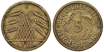 Германия 5 рейхспфеннигов 1925 F KM 39, J. 316 алюминиевая бронза 4124-259