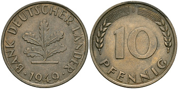 ФРГ 10 пфеннигов 1949 J KM 103, J.378 сталь плакированная латунью 4579-217