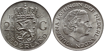 Нидерланды 2 1/2 гульдена 1966 Юлиана (1948-1980) KM 185 серебро 633-912