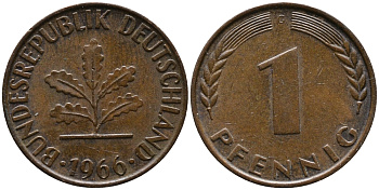 ФРГ 1 пфенниг 1966 G KM 105, J.380 сталь плакированная медью 99-256