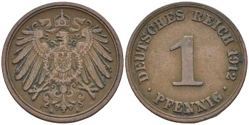 ГЕРМАНИЯ 1 ПФЕННИНГ 1912 А KM 10, J. 10 медь 201-941