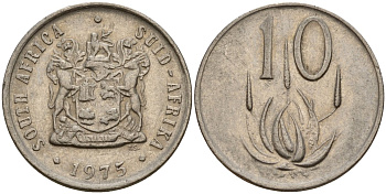 ЮАР 10 центов 1975 герб, цветок алоэ KM 85 никель 4156-934