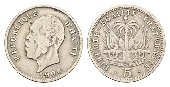 Гаити 5 сантимов 1905 Президент Пьер Нор Алексис KM 53 медно-никель 4580-236