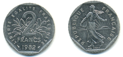 ФРАНЦИЯ 2 ФРАНКА 1982 СЕЯТЕЛЬ KM 942.1, LE FRANC 272.6 никель 57-535