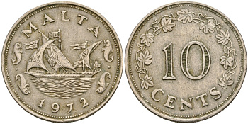 Мальта 10 центов 1972 баржа Великого магистра KM 11 медно-никель 4137-826